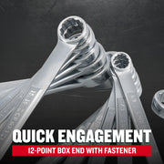 Craftsman graphics showing silver 12-point box end wrenches, SKU CMMT87902, on dark background.