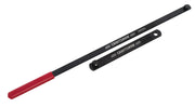Photo of Craftsman hacksaw frame CMMT98279 with black metal body and red handle, side angle.