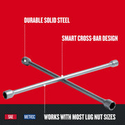 Craftsman cross-bar lug wrench, solid steel, works with SAE and metric lug nuts, SKU CMMT98281L, front angle.