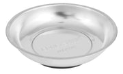Photo of Craftsman magnetic parts tray CMMT98285, round silver metal, angled view, white background.