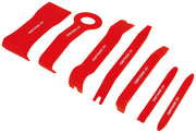 Photo of Craftsman CMMT98334 red plastic trim tool set, eight pieces arranged on white background, automotive hand tools.