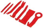 Photo of CRAFTSMAN seven-piece red plastic trim removal tool set, SKU CMMT98334, angled view on white background.