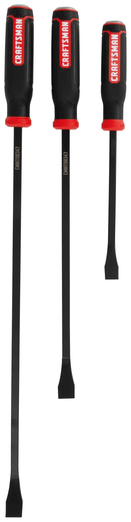 Photo of three Craftsman flat pry bars with black shafts and red and black handles, SKU CMMT98347, front angle.