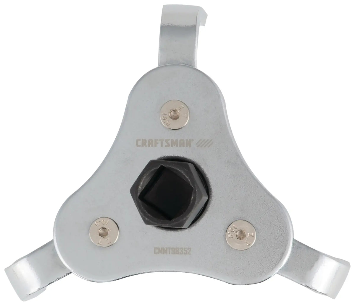 Photo of Craftsman adjustable oil filter wrench, silver finish, SKU CMMT98352, top angle on white background.
