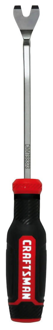 A Craftsman brand nail puller tool with a black and red handle and a metal shaft featuring a forked end for removing nails.