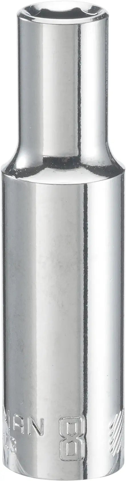 Craftsman CMMT99143 chrome deep socket, front angle, with six-point interior for ratchet wrenches.