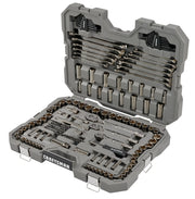 A grey, hard plastic Craftsman tool case is open, showing a comprehensive socket and wrench set. The organized interior contains various sizes of wrenches, sockets, ratchets, screwdriver bits, hex keys, and extensions, all neatly arranged in secure slots.