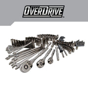 Craftsman ratchet and socket tool set, Overdrive logo, chrome finish, CMMT99154L, front angle photo.