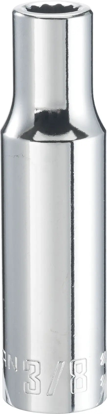 Craftsman CMMT99177 chrome deep socket, 3/8 inch size, cylindrical, shown upright on white background.