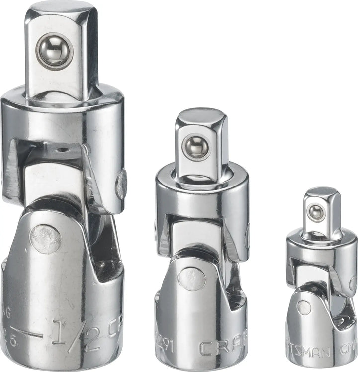 Photo of three Craftsman universal joint socket adapters, SKU CMMT99277, chrome finish, front view on white background.