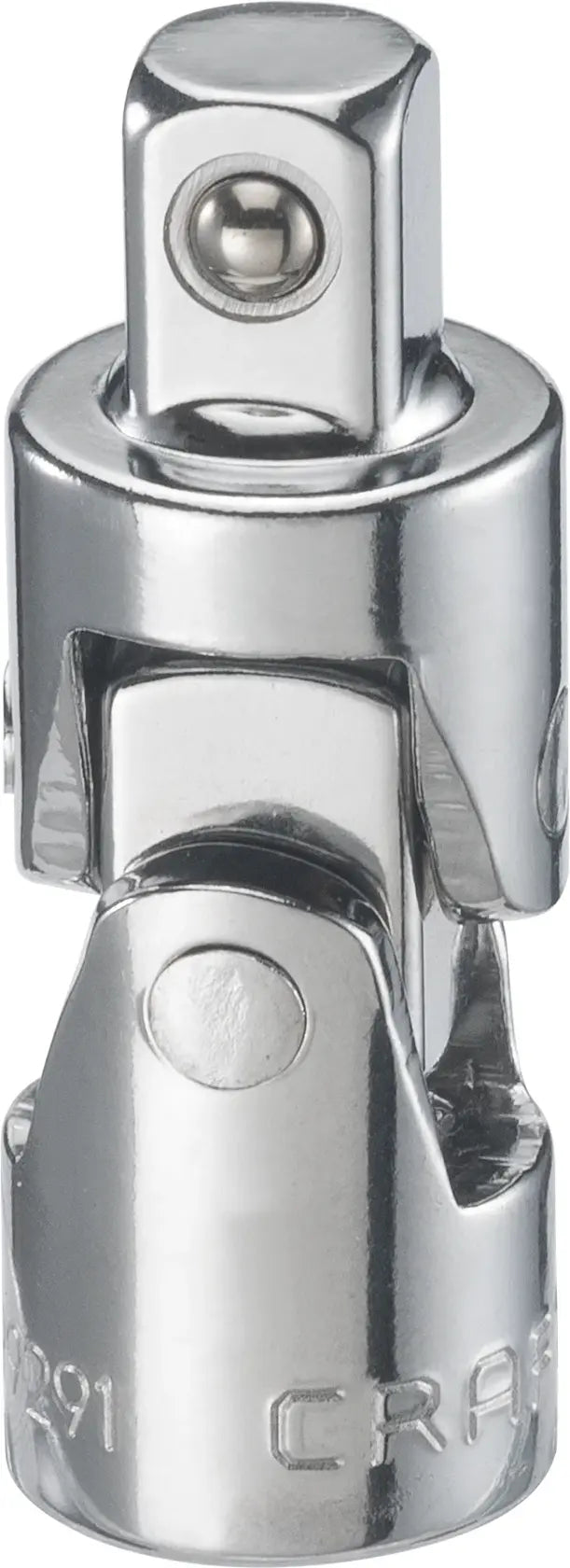 Front angle photo of Craftsman CMMT99291 chrome universal joint socket adapter with swivel design on white background.