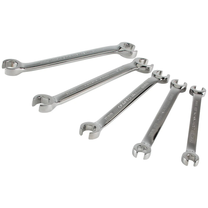 Photo of five CRAFTSMAN flare nut wrenches, chrome finish, arranged side by side, SKU CMMT99333, tool set, angled view.
