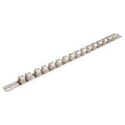 Photo of Craftsman CMMT99402 metal socket rail with multiple clips, angled view on white background.