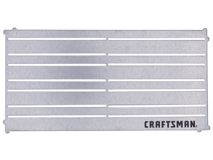 Photo of CRAFTSMAN metal tool storage panel, SKU CMMT99406, silver finish, horizontal slots, top-down angle.