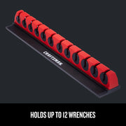 Photo of Craftsman red and black wrench organizer CMMT99413, angled view, holds up to 12 wrenches.