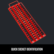 Photo of Craftsman red socket organizer tray with black clips, SKU CMMT99419, angled view on white background.