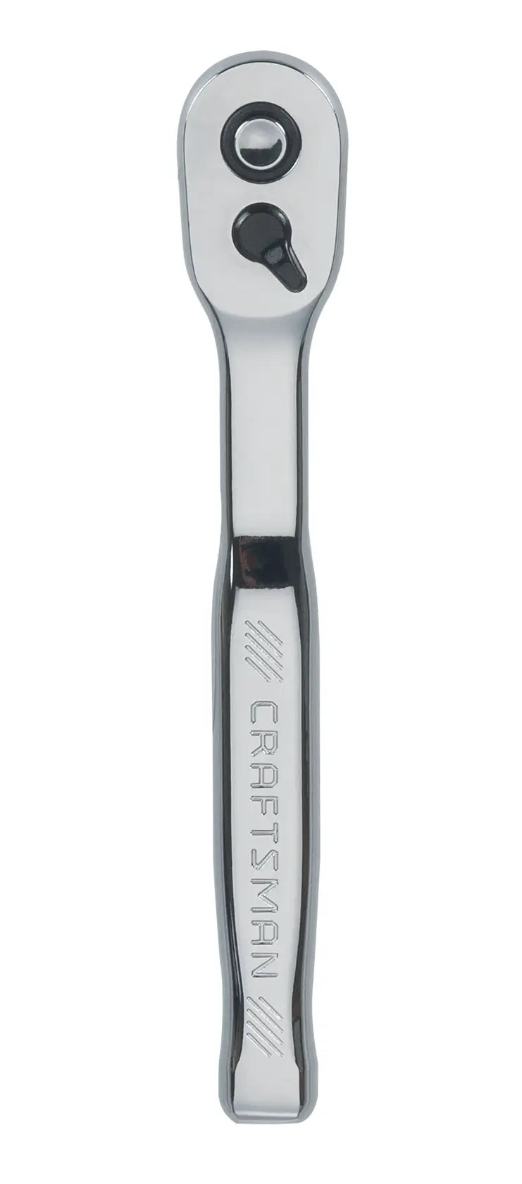 Photo of Craftsman ratchet wrench, SKU CMMT99423, polished chrome finish, top view on white background.