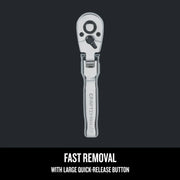 Craftsman CMMT99425 chrome ratchet wrench, straight-on angle, large quick-release button visible.