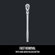 Photo of Craftsman flex head ratchet with quick-release button, CMMT99426, shown on flat black background, graphics.