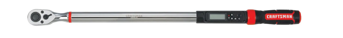 Photo of Craftsman digital torque wrench CMMT99436, black and red handle, side view, white background.
