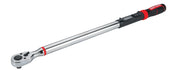 Craftsman digital torque wrench CMMT99436, chrome finish, red and black handle, side angle, photo on white.