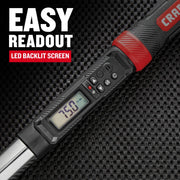 Photo of CRAFTSMAN digital torque wrench with LED screen, SKU CMMT99436, close-up angled on textured surface.