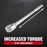 Photo of Craftsman 15-inch long handle ratchet, SKU CMMT99441, silver finish, shown on black background with torque highlight.