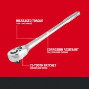 Photo of Craftsman ratchet, CMMT99441, 15-inch long handle, polished chrome, features labeled on a red background.