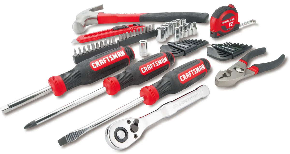 CRAFTSMAN CMMT99447 hand tool set with hammer, screwdrivers, pliers, sockets, tape measure, front angle.