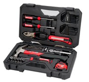 Photo of Craftsman tool set CMMT99447, including screwdriver, pliers, tape measure, sockets, hammer, and hex keys in black case.