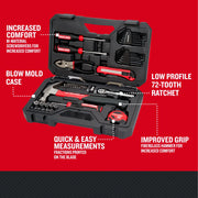 Photo of CRAFTSMAN tool set CMMT99447 with blow mold case, screwdrivers, ratchet, pliers, tape measure, and hammer, overhead view.