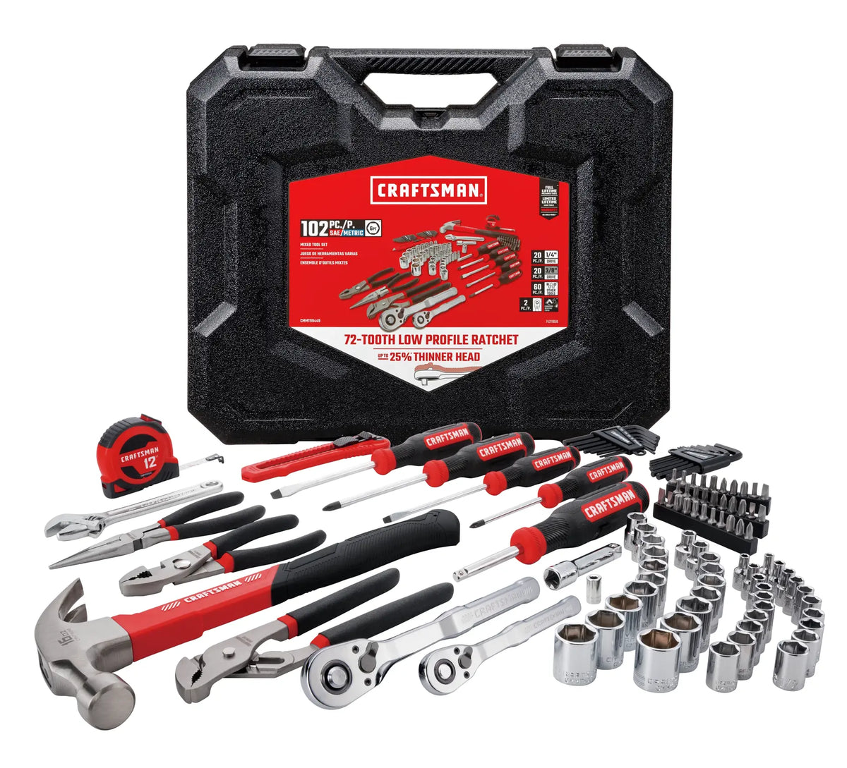 CRAFTSMAN CMMT99449 102-piece tool set with case, ratchets, screwdrivers, pliers, hammer, tape, and sockets.