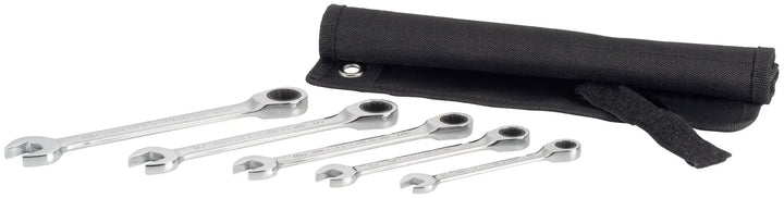 Craftsman ratcheting wrench set with five chrome wrenches and black roll-up pouch, CMMT99755, front view.