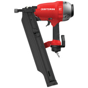 Photo of Craftsman CMP21PL pneumatic nail gun, 21-degree framing nailer with red and black body, side view on white background.