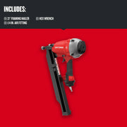 Photo of Craftsman 21° framing nailer CMP21PL, red and black finish, angled side view on red background.