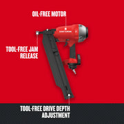 Photo of Craftsman CMP21PL pneumatic nailer with oil-free motor and tool-free jam release, right-side angle.
