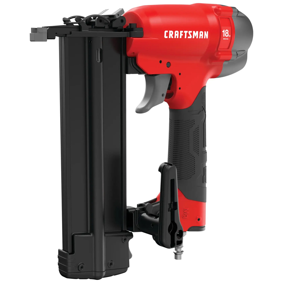 Craftsman CMPBN18K photography of red and black 18-gauge brad nailer, side angle on white background.