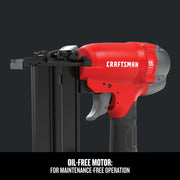 Side angle photo of Craftsman nailer CMPBN18K, red and black, with branded logo and oil-free motor label visible.