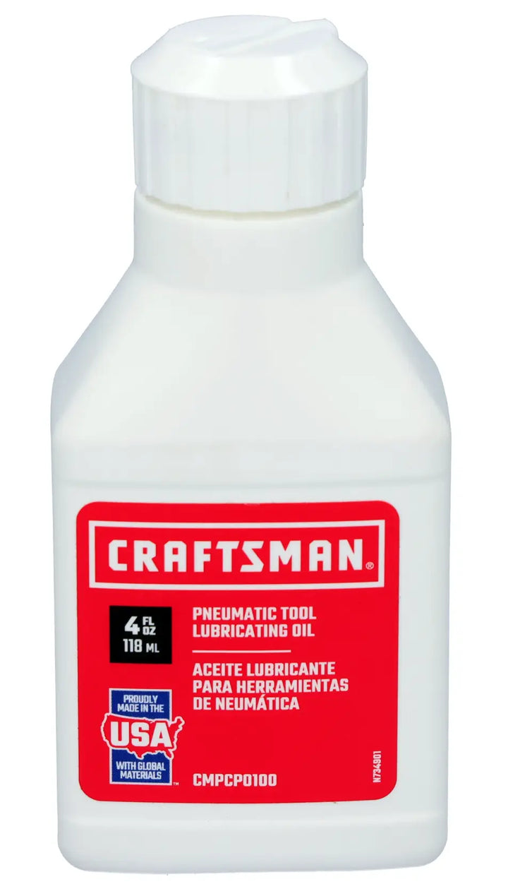 A bottle of Craftsman pneumatic tool lubricating oil with a white cap and a red label showing product information and volume of 4 fl oz (118 ml.