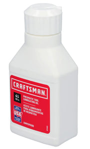 A bottle of Craftsman pneumatic tool lubricating oil, featuring a white plastic container with a red label displaying product details in English and Spanish. The bottle is marked with 'Made in USA'.