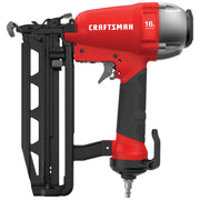 Photo of CRAFTSMAN 16-gauge straight finish nailer CMPFN16K, side view, red and black, with visible handle and trigger.