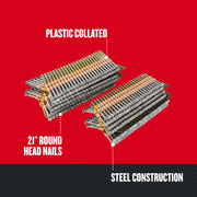 Craftsman 21° round head steel nails, SKU CMRH21PP, plastic collated, product photo on red background.