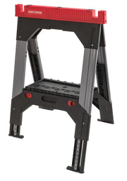 Photo of CRAFTSMAN adjustable plastic sawhorse CMST11031, black and red, front angle, with measurement markings on legs.
