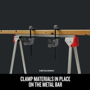 Craftsman graphics CMST11154 showing clamps securing wood to a metal sawhorse bar, front angle.