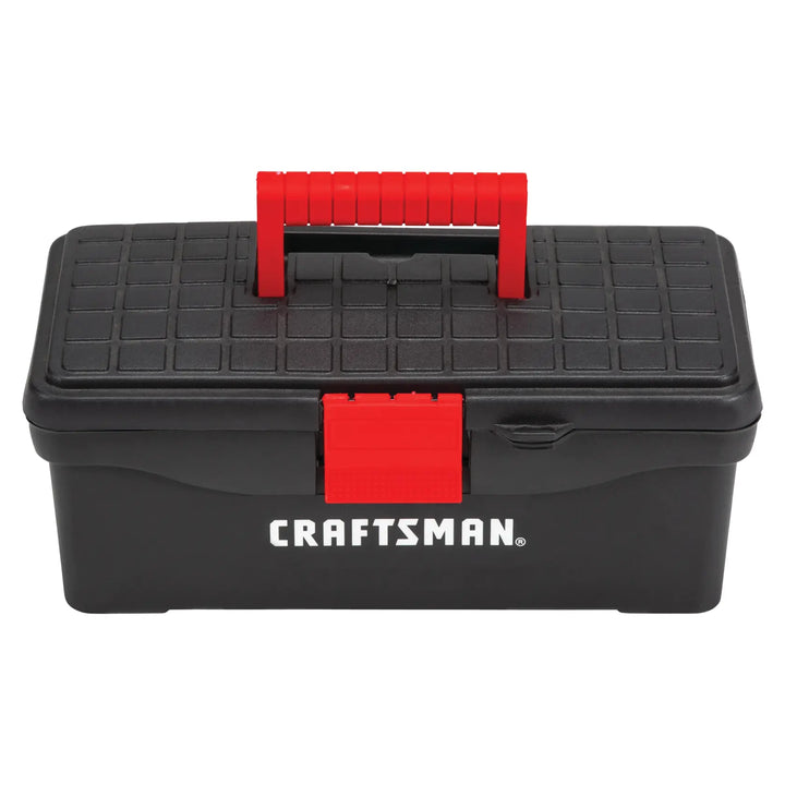 Craftsman CMST13004 black plastic toolbox with red handle and latch, front view on white background.