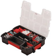 Craftsman organizer box CMST14021, black and red with clear lid, filled with assorted screws, anchors, and hardware, top angle.