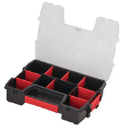 Photo of CRAFTSMAN organizer box CMST14021 with open clear lid and nine red dividers, front angle.