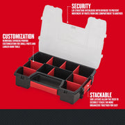 Craftsman organizer CMST14021 with removable red dividers, clear lid, black and red plastic, front angle photo.