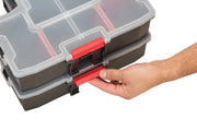 Photo of Craftsman organizer CMST14022 with clear lid and red latch, hand unlocking stackable box, front angle.