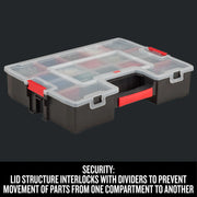 CRAFTSMAN CMST14022 organizer box with clear lid, red latches and black base, angled view, tool storage.